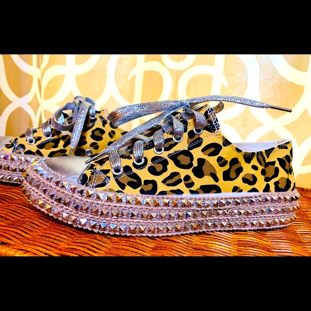 Studded Leopard Canvas Lace-up Sneakers NWOB Sz 8